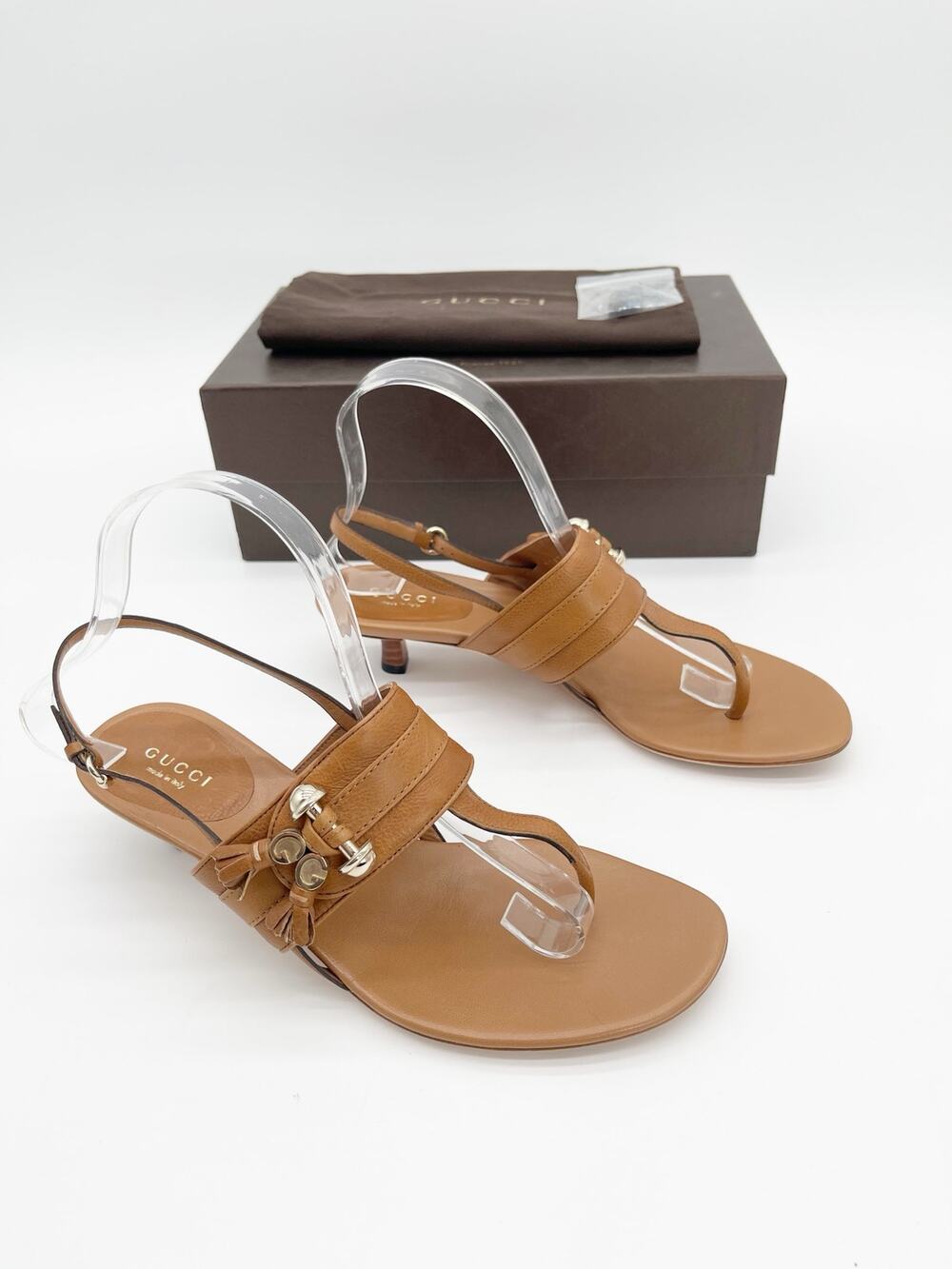 Gucci Marrakech Retro Brown GG Logo Tassel Kitten Heel Thong Sandals IT 38